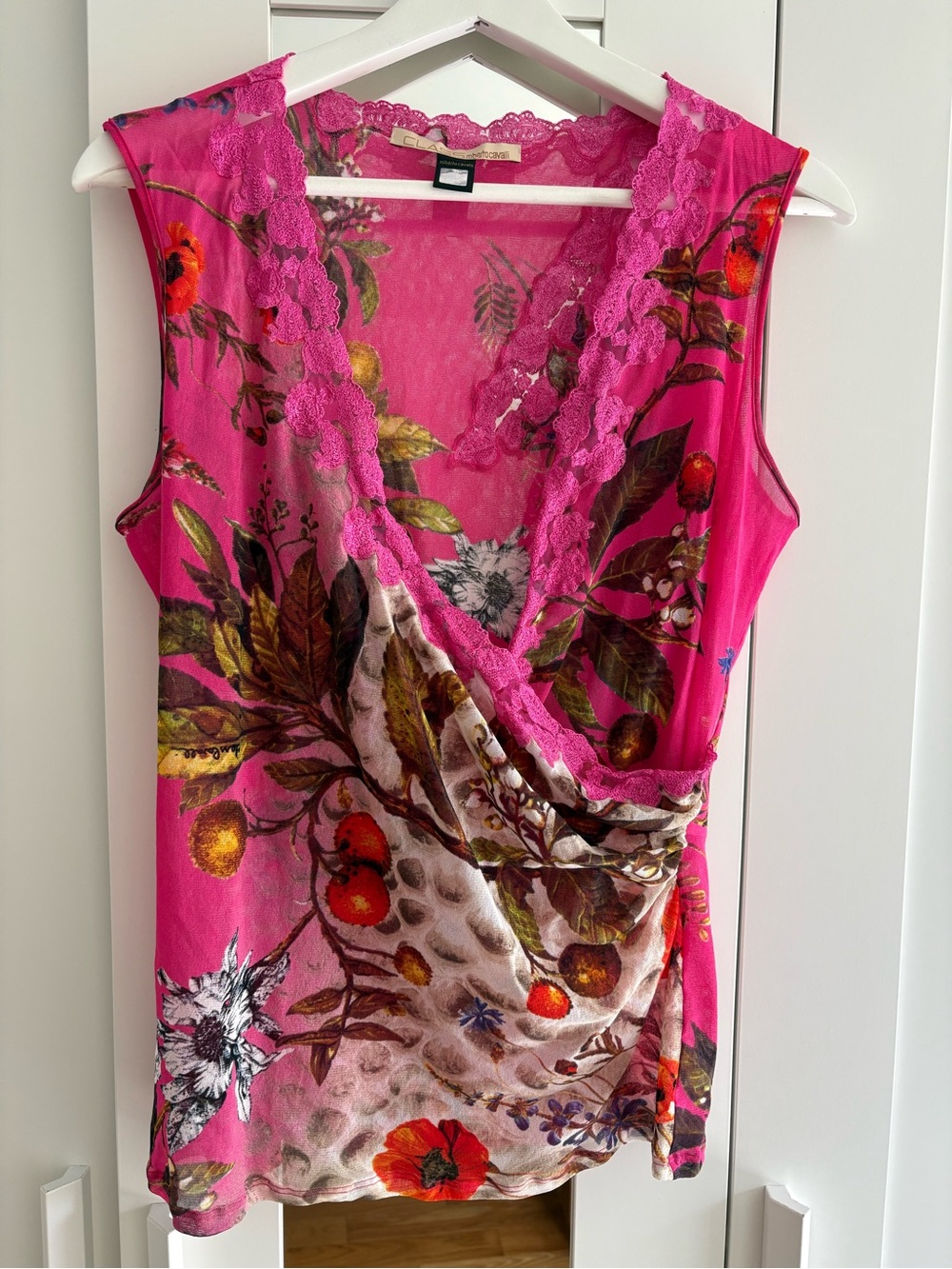 Class Roberto Cavalli Pink Floral Lace Sheer Top